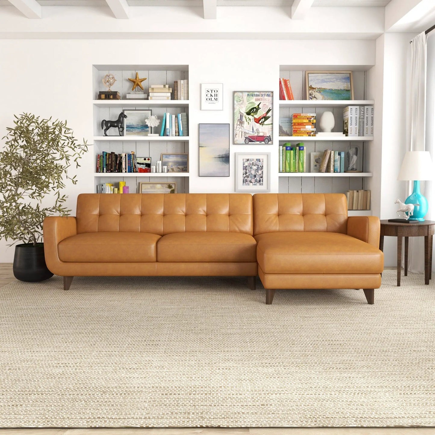 Allison mid-century modern sectional sofa chaise tan leather by Unique Piece Furniture on Tampa Home & Garden Store