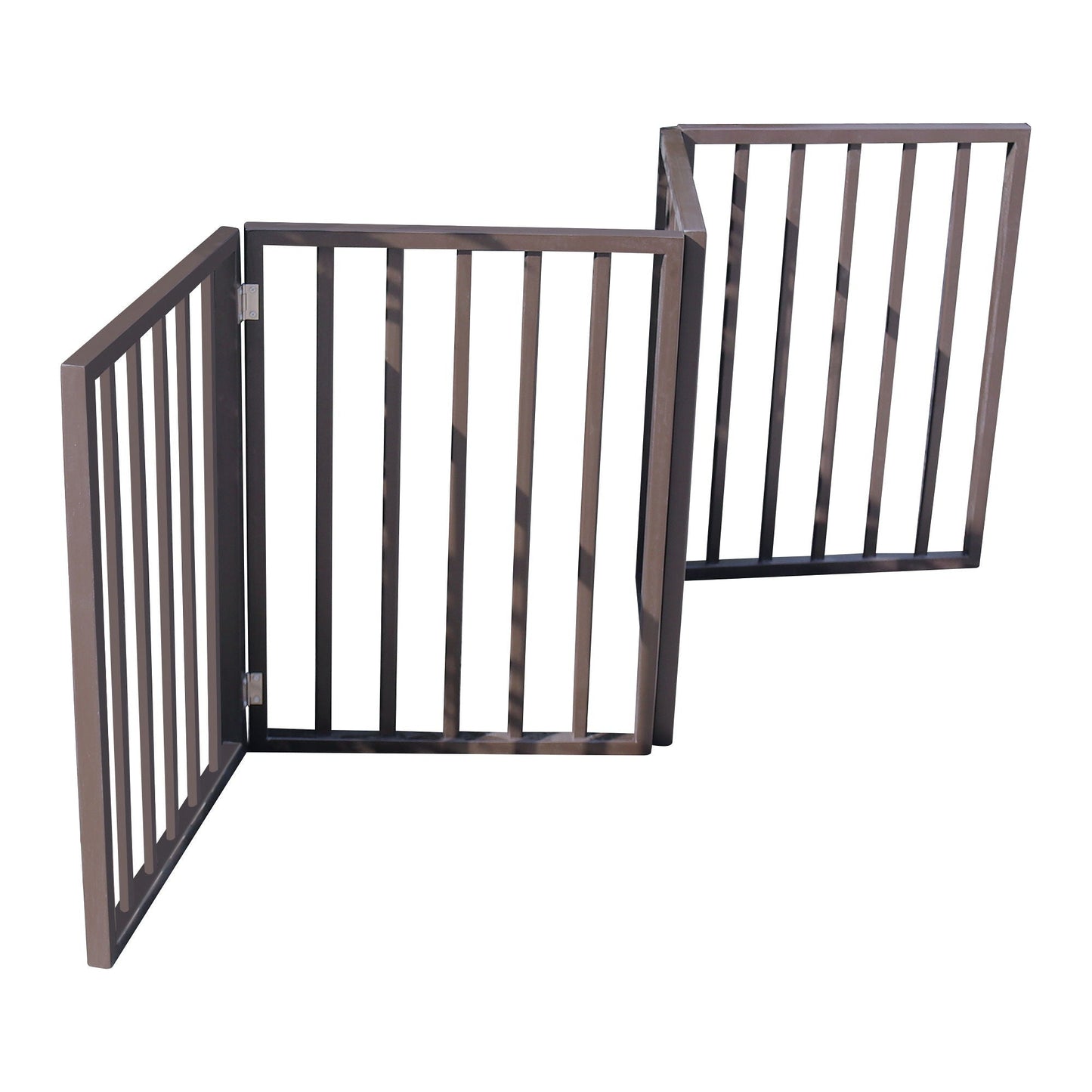 HouseOfZazla dark brown pet gate for doorways and stairs, freestanding folding gate with bars on Tampa Home & Garden Store