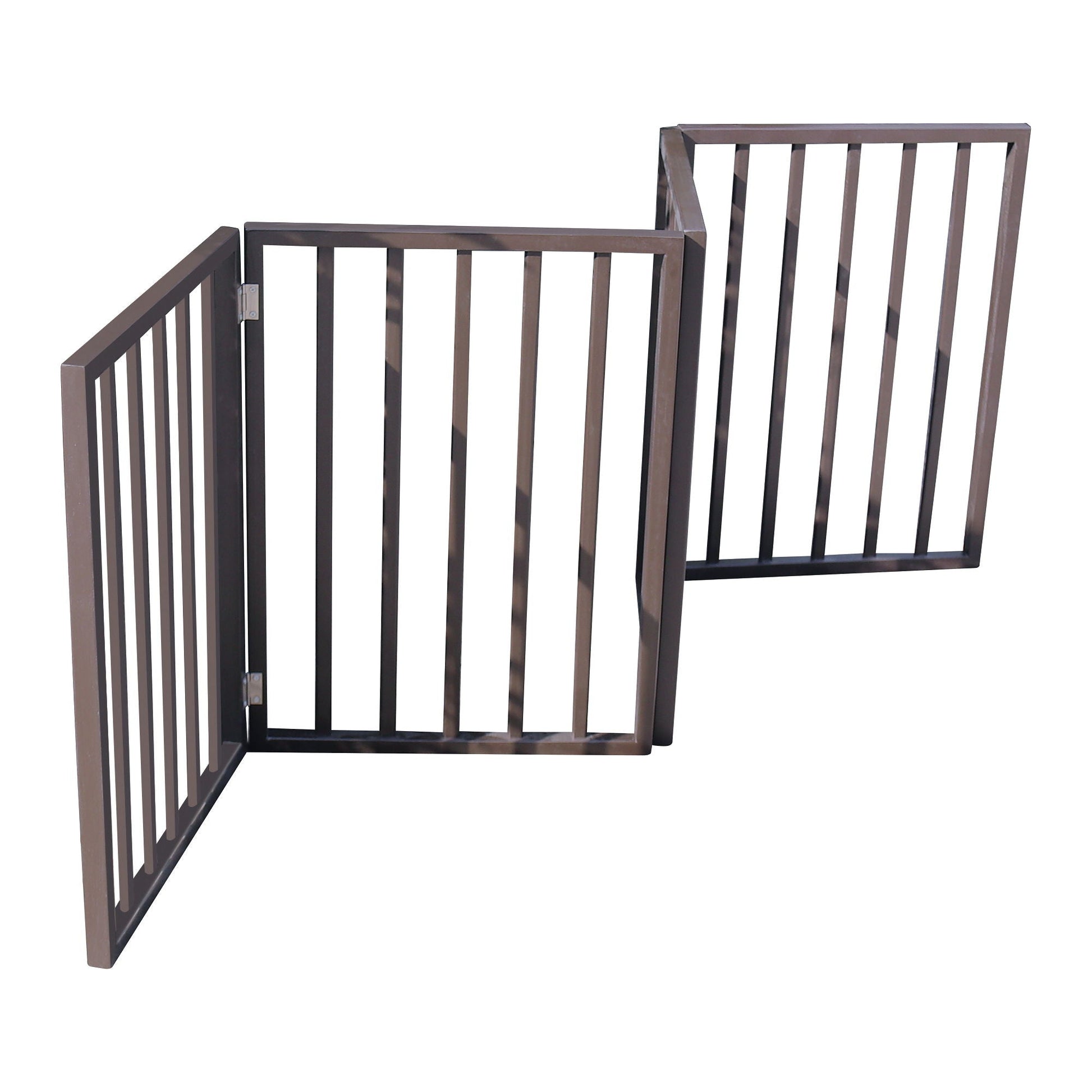 HouseOfZazla dark brown pet gate for doorways and stairs, freestanding folding gate with bars on Tampa Home & Garden Store