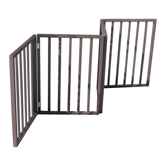 HouseOfZazla dark brown pet gate for doorways and stairs, freestanding folding gate with bars on Tampa Home & Garden Store