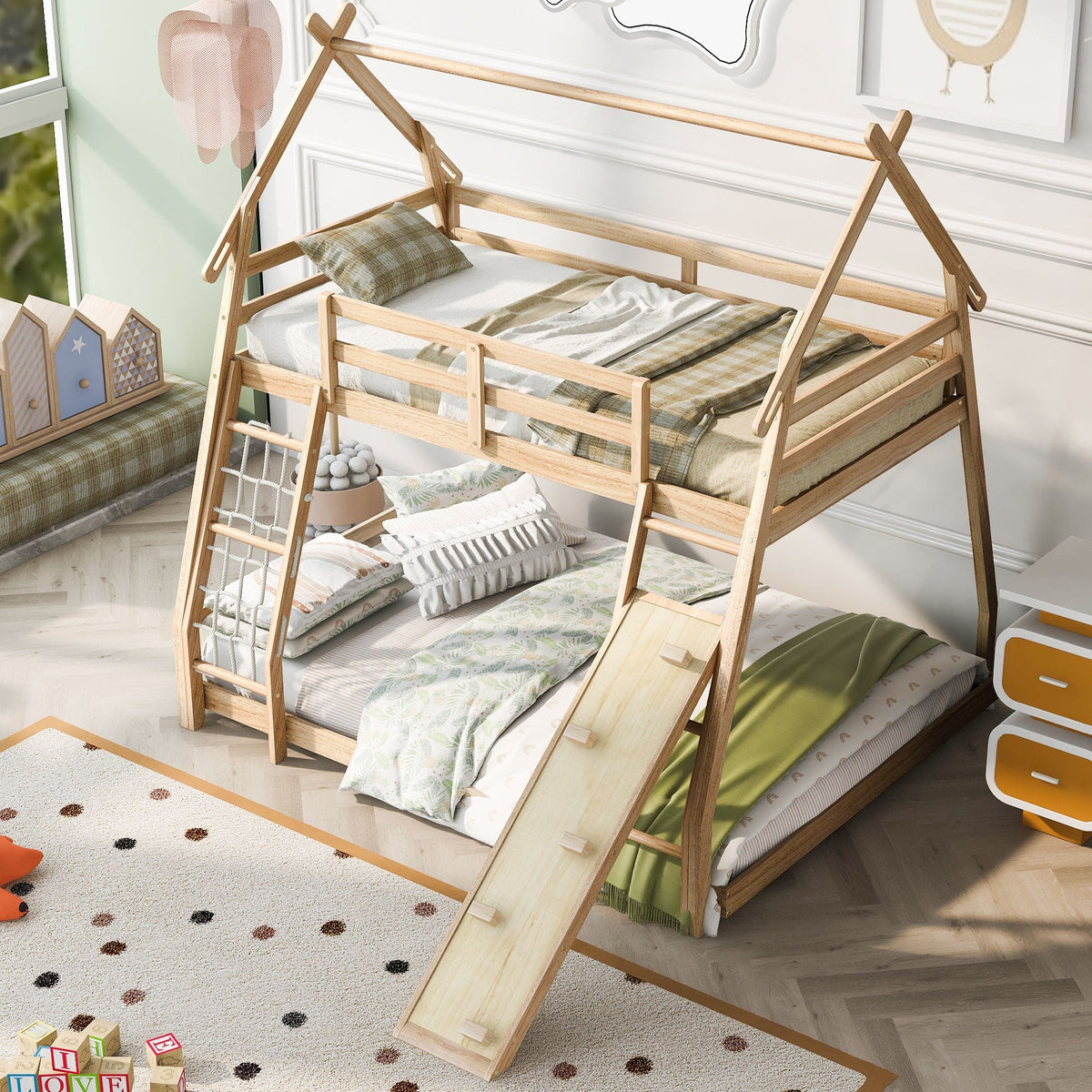 Twin over queen bunk bed in natural wood with climbing nets and ramp by HouseOfZazla on Tampa Home & Garden Store