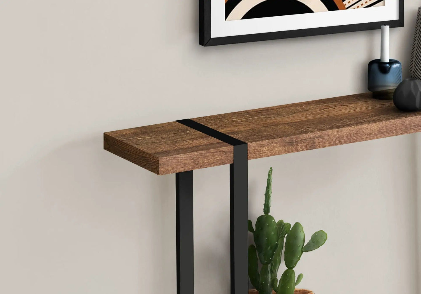 Accent console table for entryway by Unique Piece Furniture in wood with black metal legs on Tampa Home & Garden Store