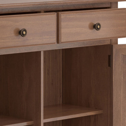 Connaught entryway cabinet with two drawers, antique brass knobs, warm brown finish, open shelf on Tampa Home & Garden Store