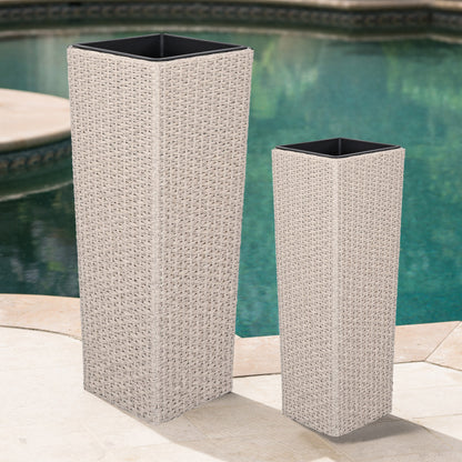 Set of Two Outdoor Beige PE Rattan Planters