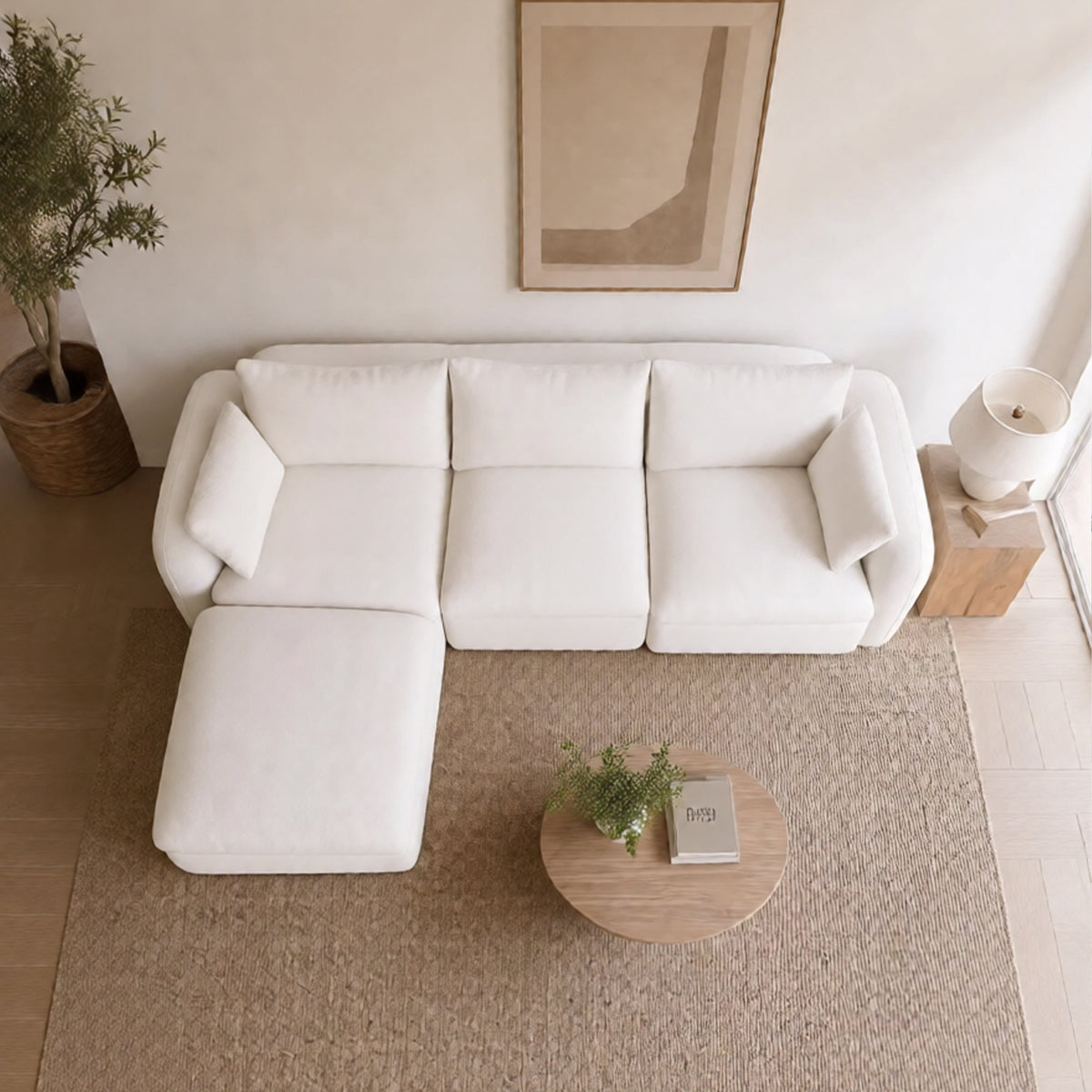 Fully Sponge Compressed Sectional Sofa in ivory fabric by HouseOfZazla in a cozy living room on Tampa Home & Garden Store