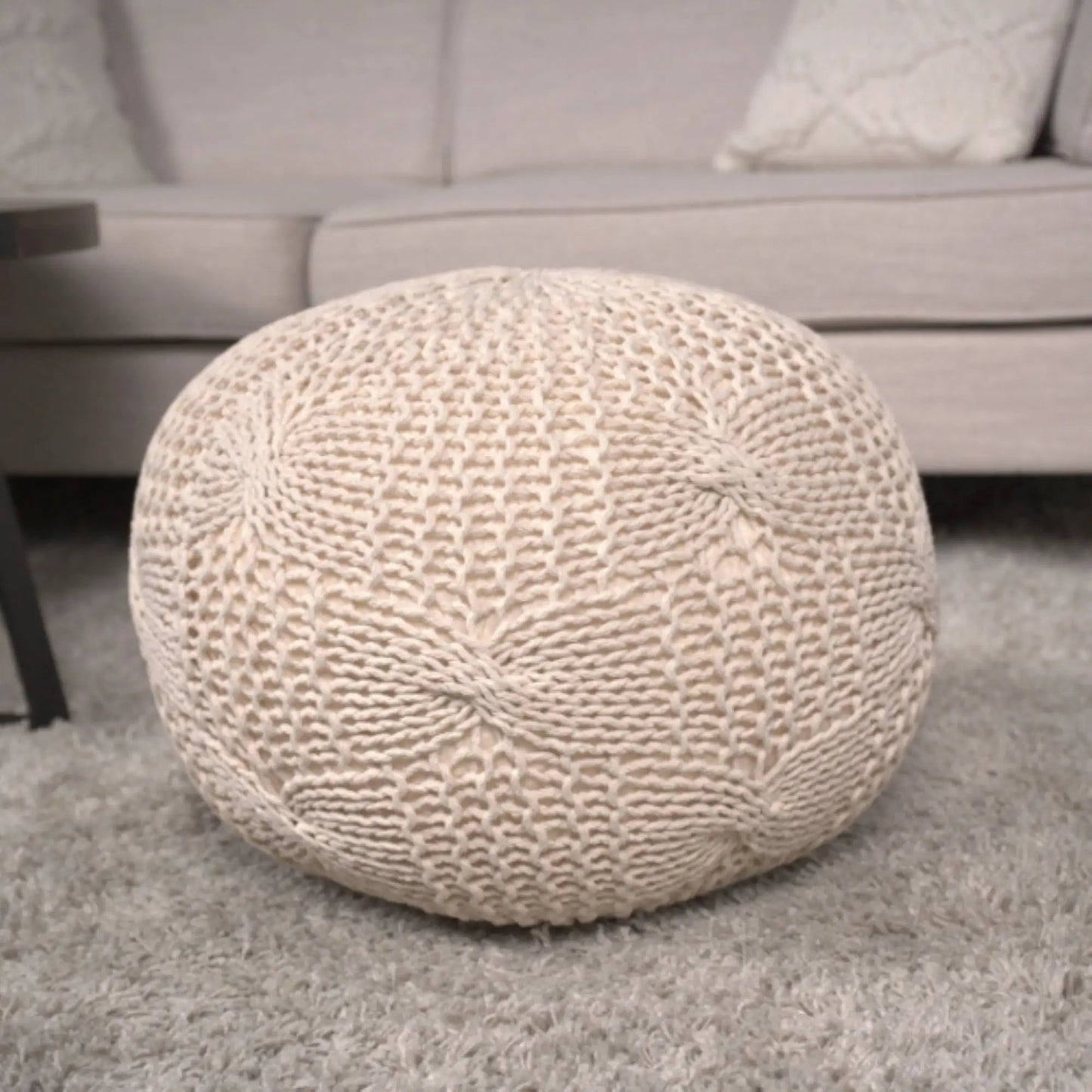 Beige Bordeaux knitted round pouf by Unique Piece Furniture, accent pouf on Tampa Home & Garden Store