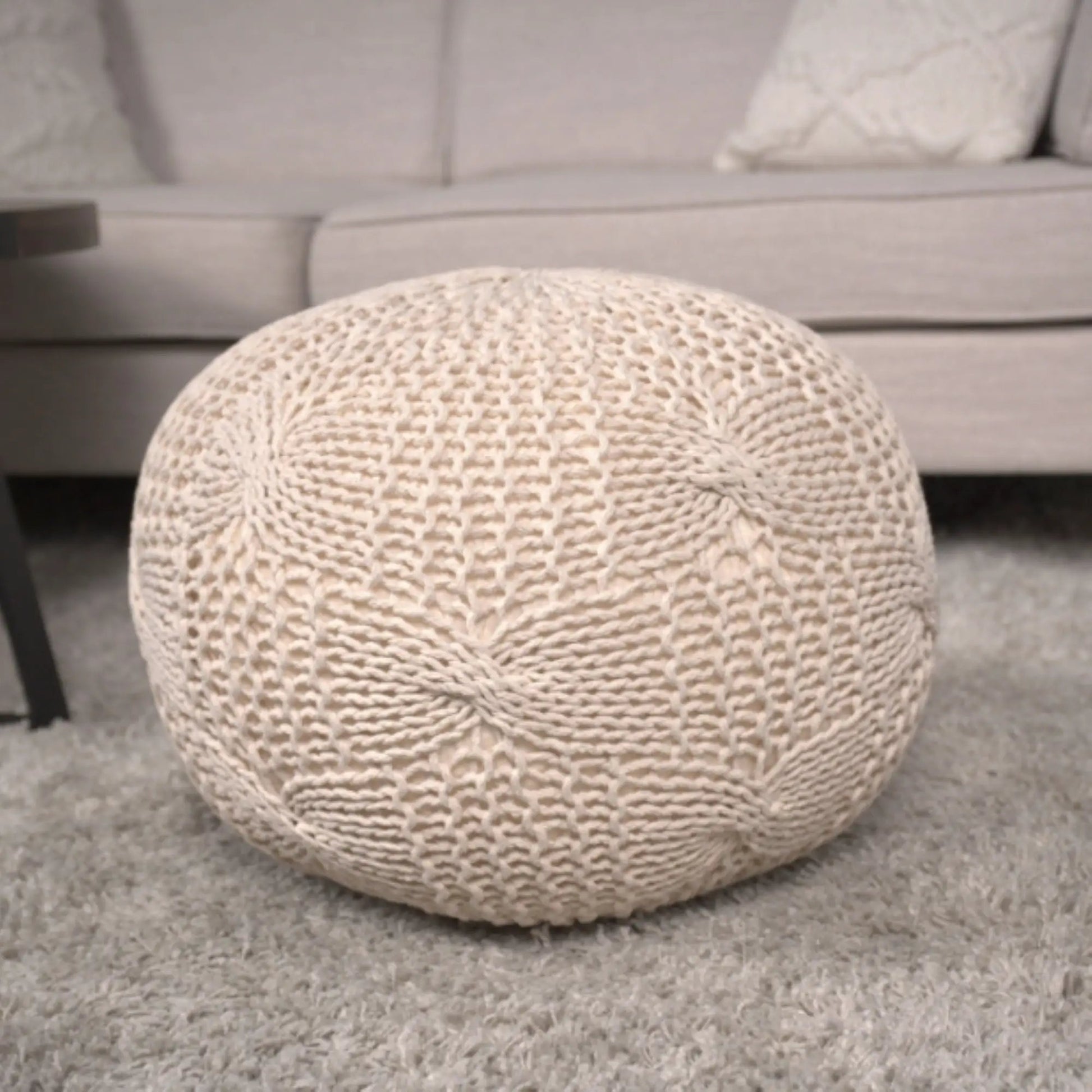Beige Bordeaux knitted round pouf by Unique Piece Furniture, accent pouf on Tampa Home & Garden Store