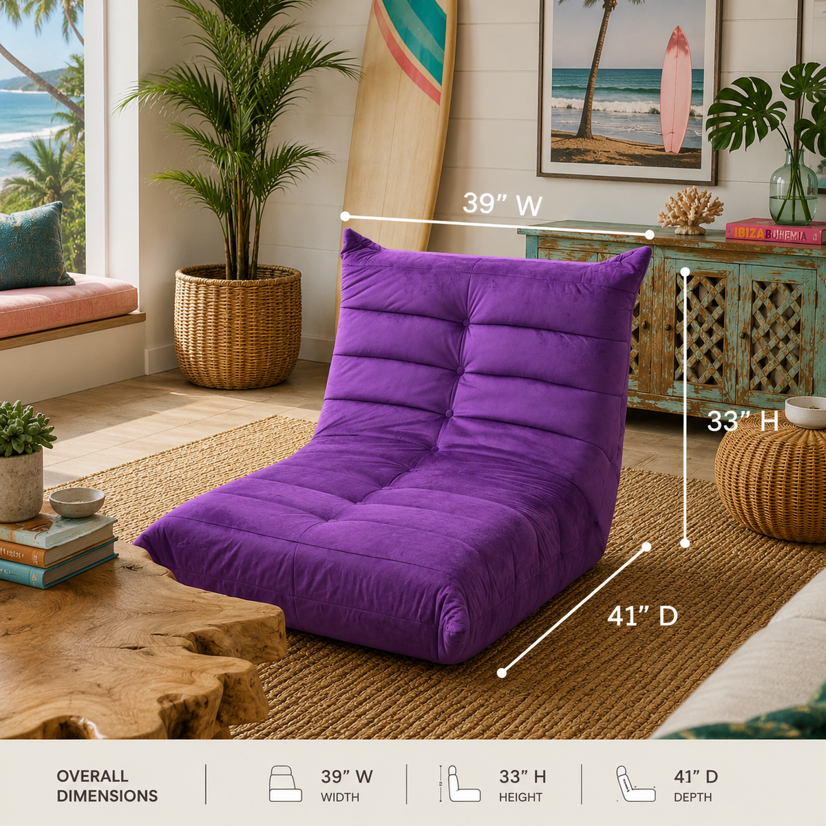 Velvet Purple Lounge Chair The Broward Design Center, tufted purple upholstery in a living room on Tampa Home & Garden Store