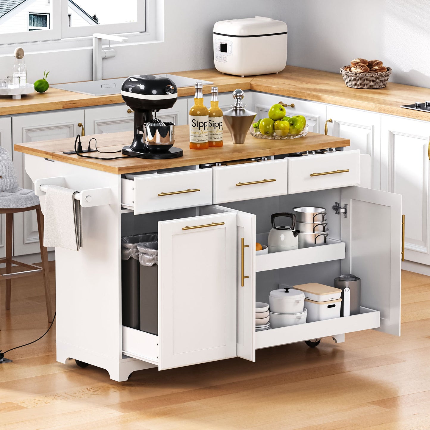 Rolling Kitchen Island With Vintage White Drawers