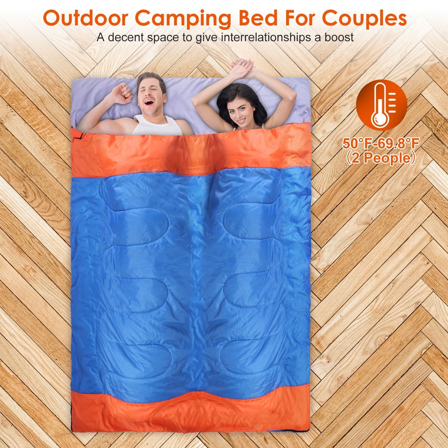 3-Person sleeping bag in blue and orange; two people inside on wood floor with sack on Tampa Home & Garden Store