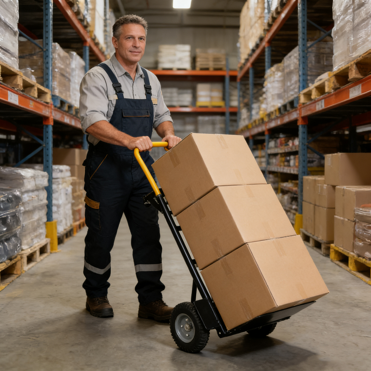 Heavy Duty Dual Purpose Hand Truck Dolly Cart with yellow handle moves boxes in warehouse on Tampa Home & Garden Store