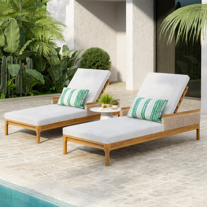 Solid Acacia Wood Sun Lounger Set with Grey Cushions for Two with Side Table Outdoor Patio on Tampa Home & Garden Store