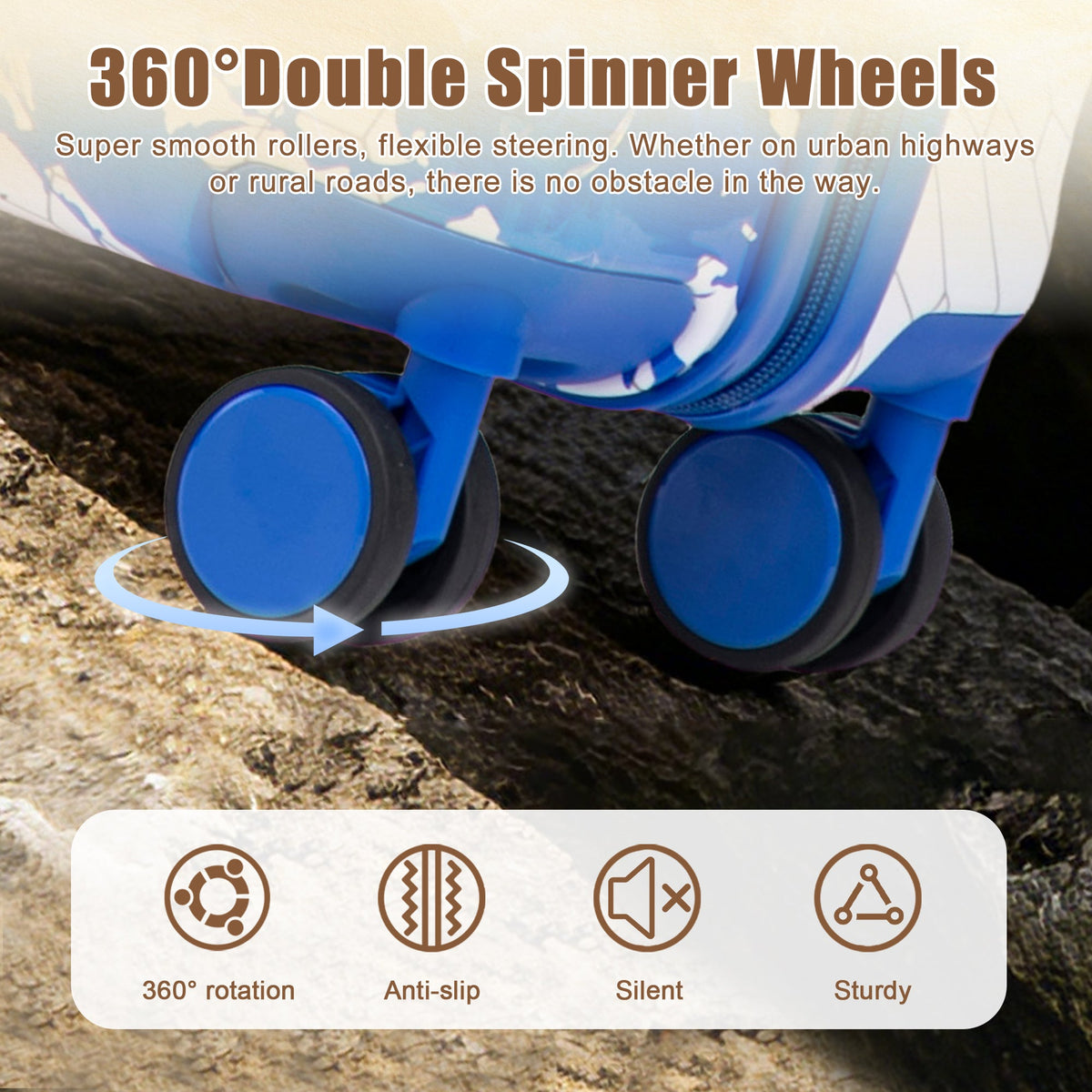3-Piece PC Spinner Wheel Luggage Set blue hard case wheels close-up HouseOfZazla 360° rotation on Tampa Home & Garden Store
