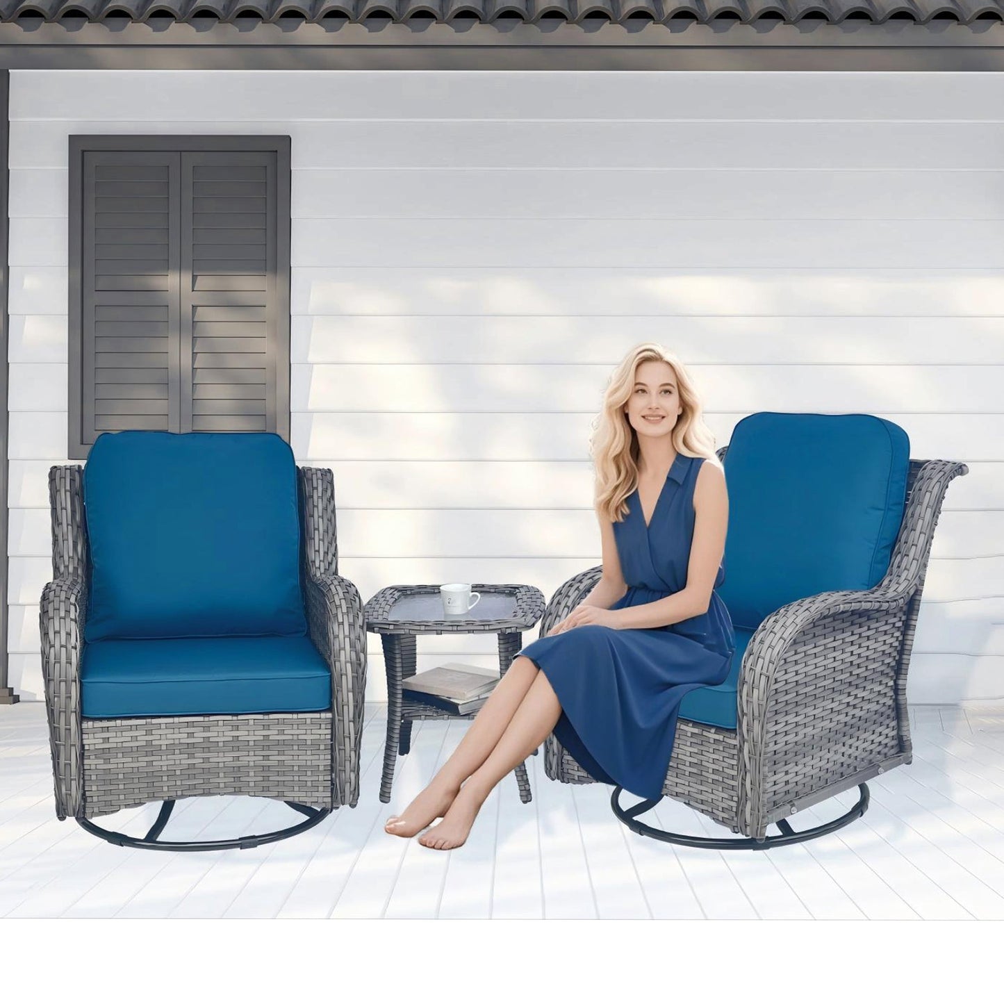 Wicker patio furniture set 3-piece rattan outdoor swivel chairs with blue cushions HouseOfZazla on Tampa Home & Garden Store