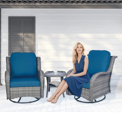 Wicker patio furniture set 3-piece rattan outdoor swivel chairs with blue cushions HouseOfZazla on Tampa Home & Garden Store