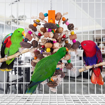 Large Parrots Nibbling On Toy Fruit Skewers by Sell My Stuff, 3 parrots on bead rope cage on Tampa Home & Garden Store