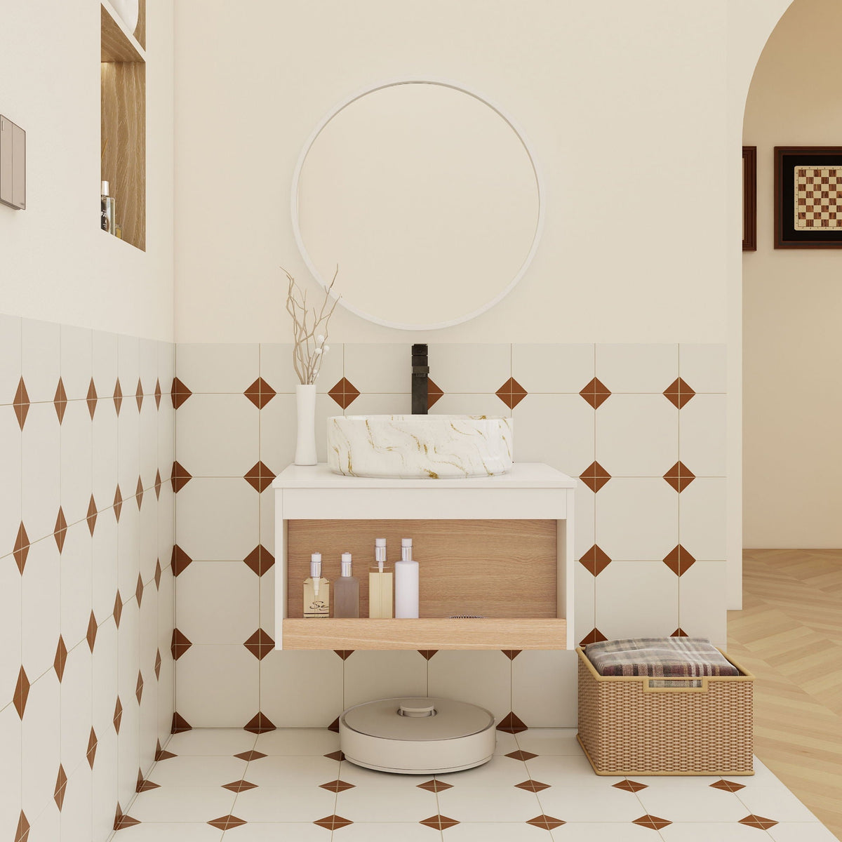 Floating vanity with vessel sink by HouseOfZazla in white marble wood drawer on Tampa Home & Garden Store