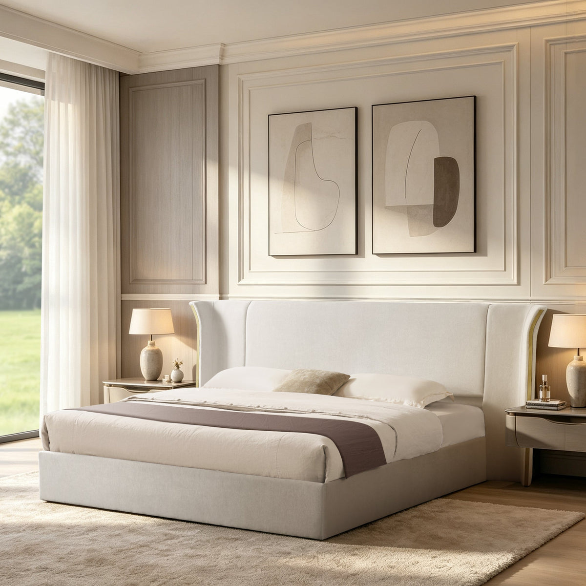 King size wing-back upholstered bed with padded beige headboard by HouseOfZazla on Tampa Home & Garden Store