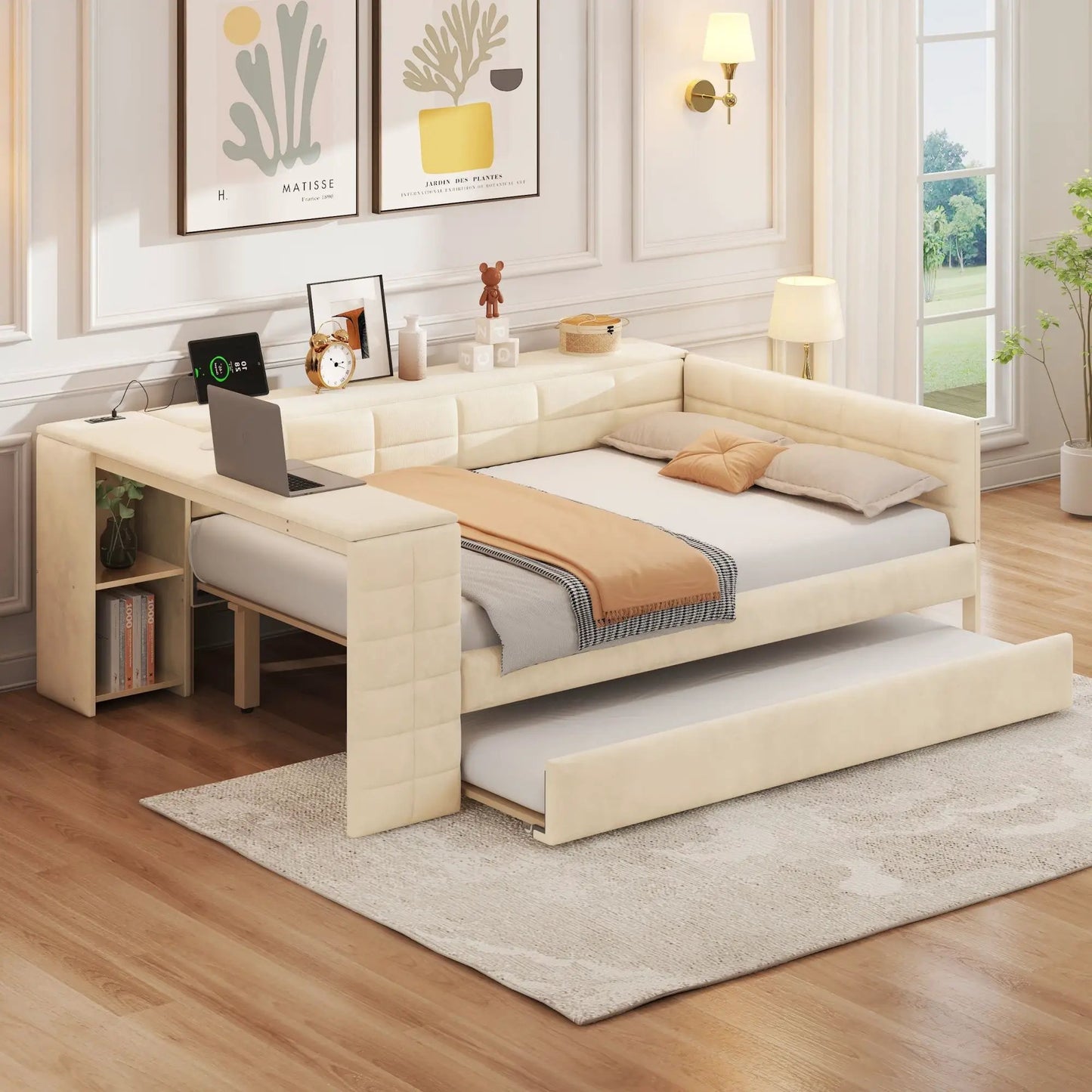 Upholstered Platform Bed with Storage Shelves