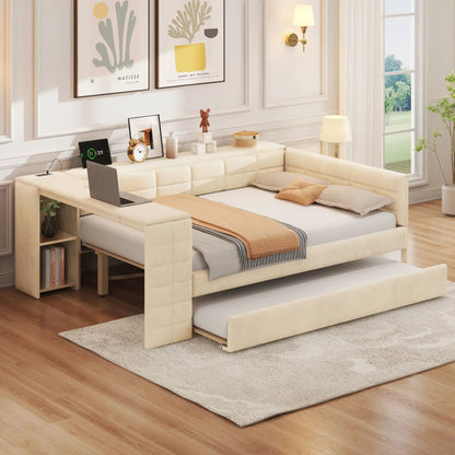 Upholstered Platform Bed with Storage Shelves