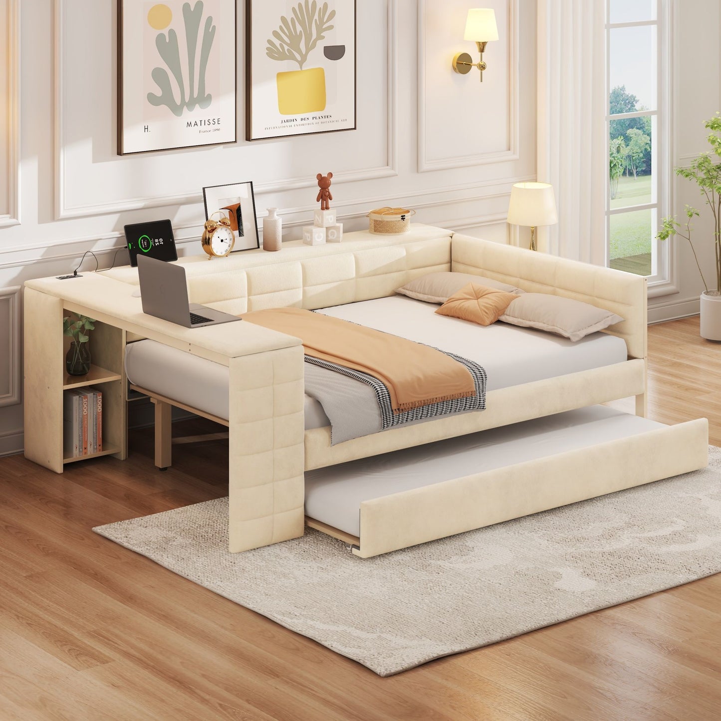 Beige upholstered platform bed with storage shelves, desk and trundle by HouseOfZazla on Tampa Home & Garden Store