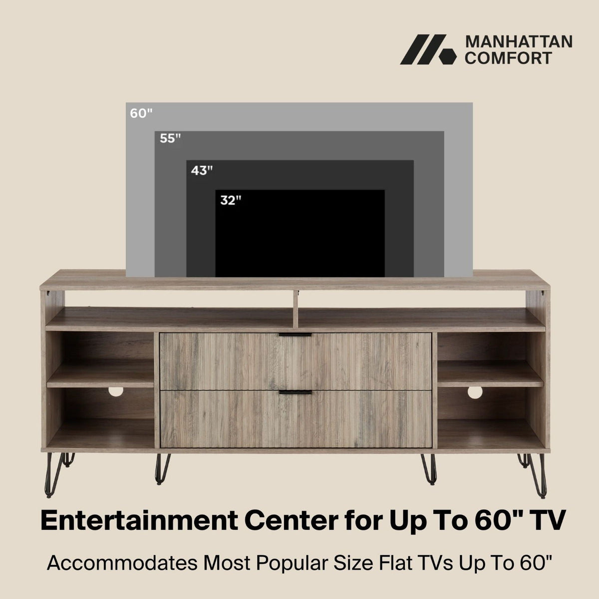 Fluted TV stand with storage, wood finish, open shelves and drawers, Manhattan Comfort branding on Tampa Home & Garden Store