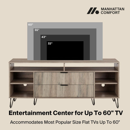 Fluted TV stand with storage, wood finish, open shelves and drawers, Manhattan Comfort branding on Tampa Home & Garden Store
