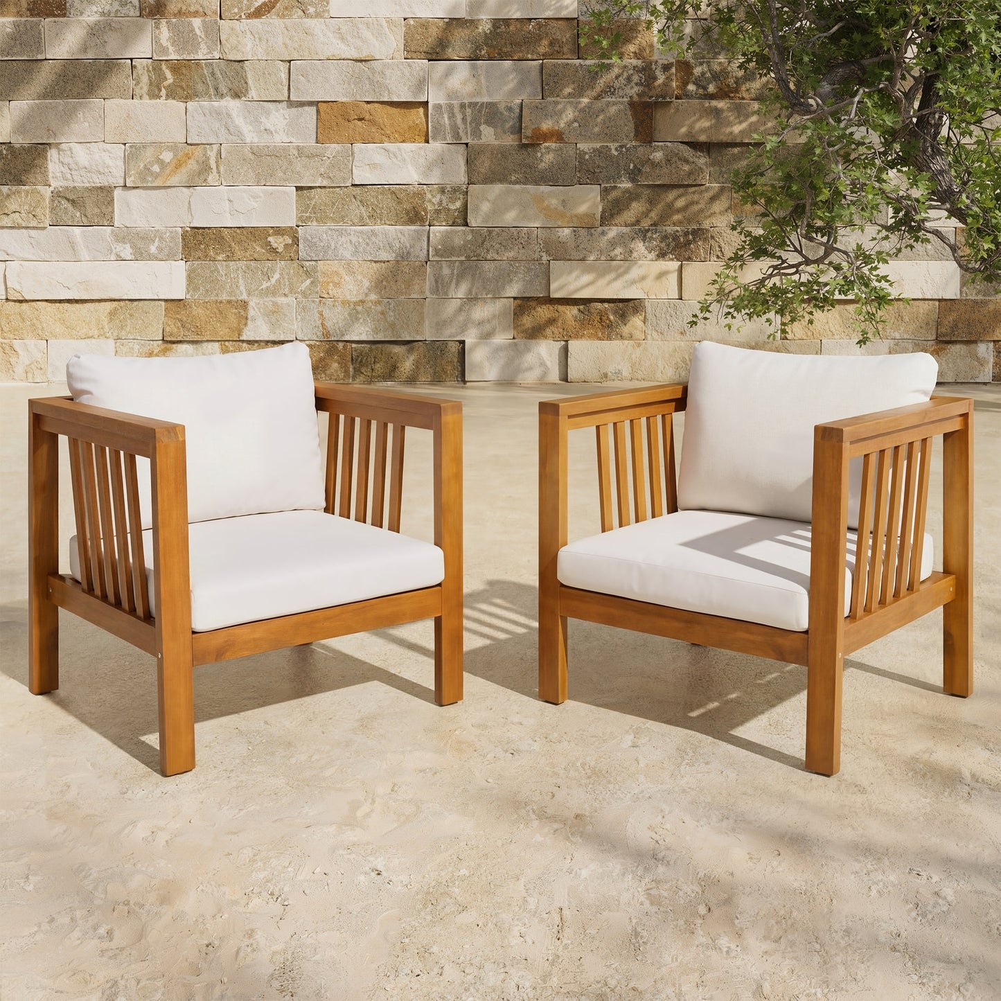 Set of 2 Acacia Wood Club Chairs for Outdoor Use