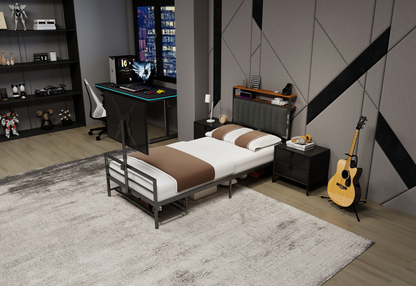 Twin size gaming bed with gray metal frame, rotating TV mount, and LED lighting by HouseOfZazla on Tampa Home & Garden Store