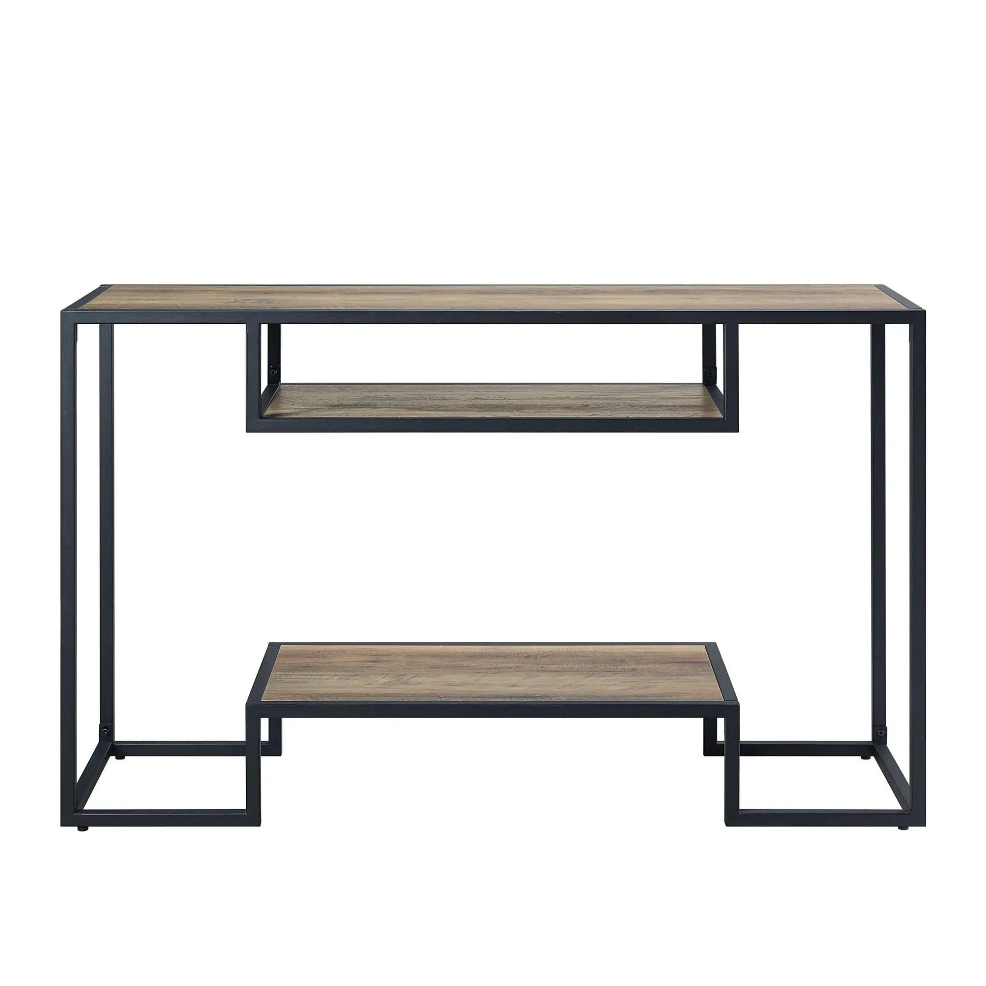 Idella sofa table rustic oak top with black metal frame and shelves by Unique Piece Furniture on Tampa Home & Garden Store