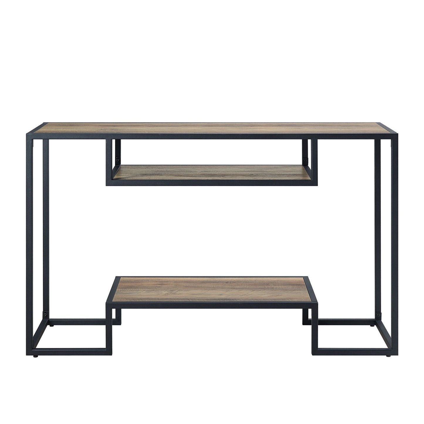 Idella sofa table rustic oak top with black metal frame and 3-tier shelves HouseOfZazla on Tampa Home & Garden Store