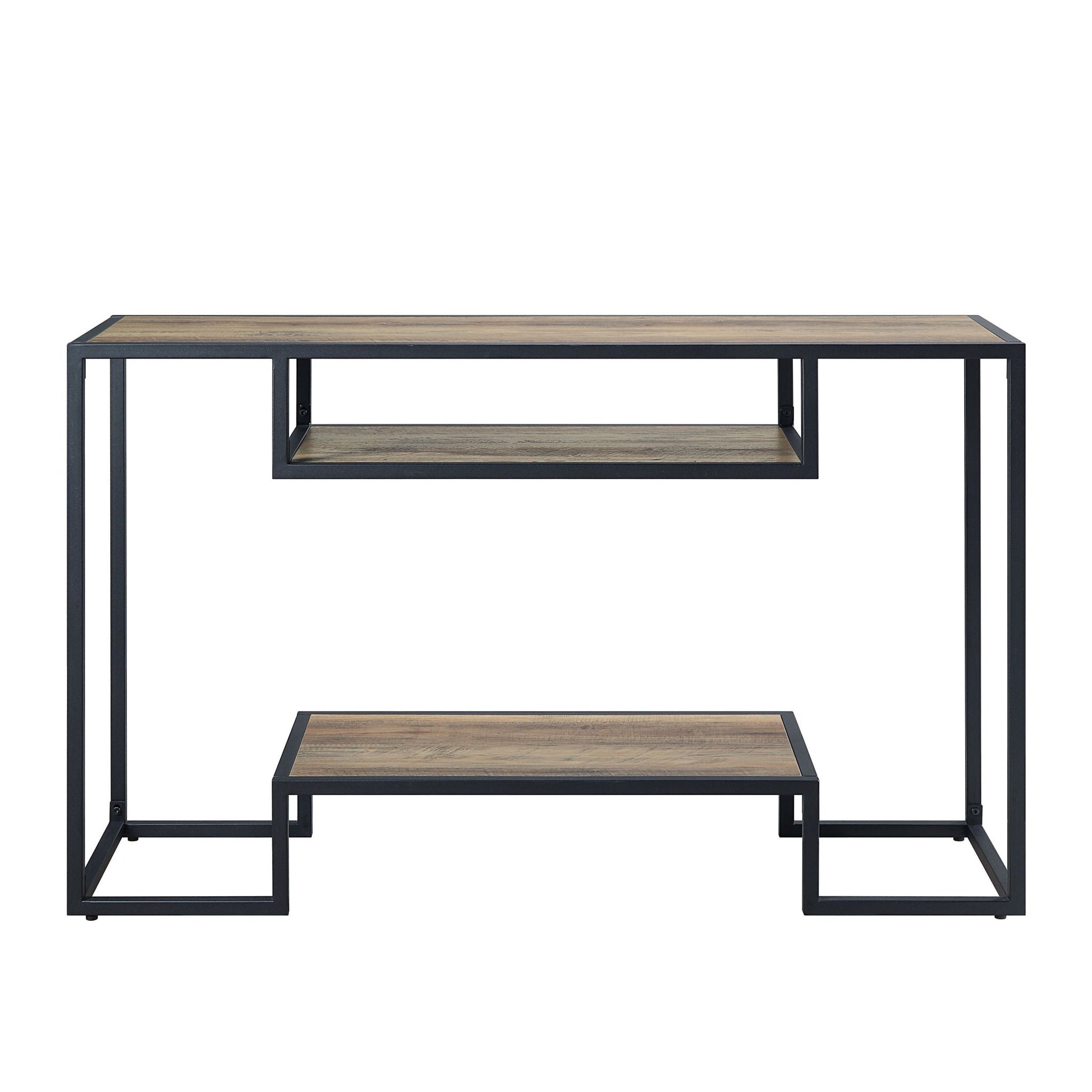 Idella sofa table rustic oak top with black metal frame and 3-tier shelves HouseOfZazla on Tampa Home & Garden Store
