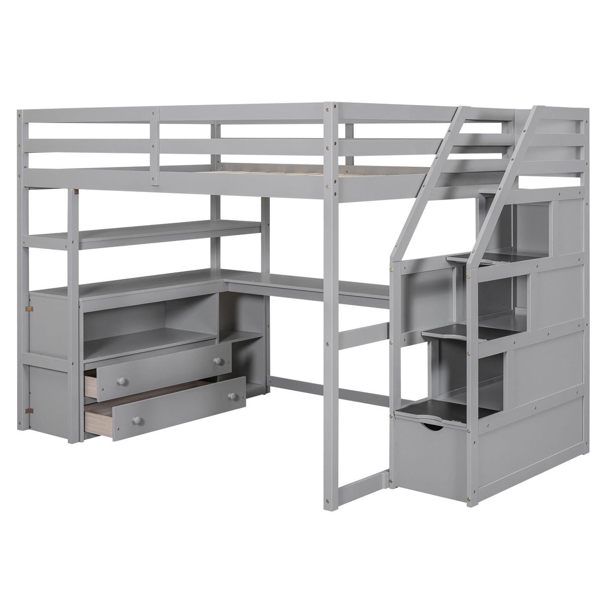 Loft bed with desk, shelves, 2 drawers and storage staircase in gray by HouseOfZazla on Tampa Home & Garden Store