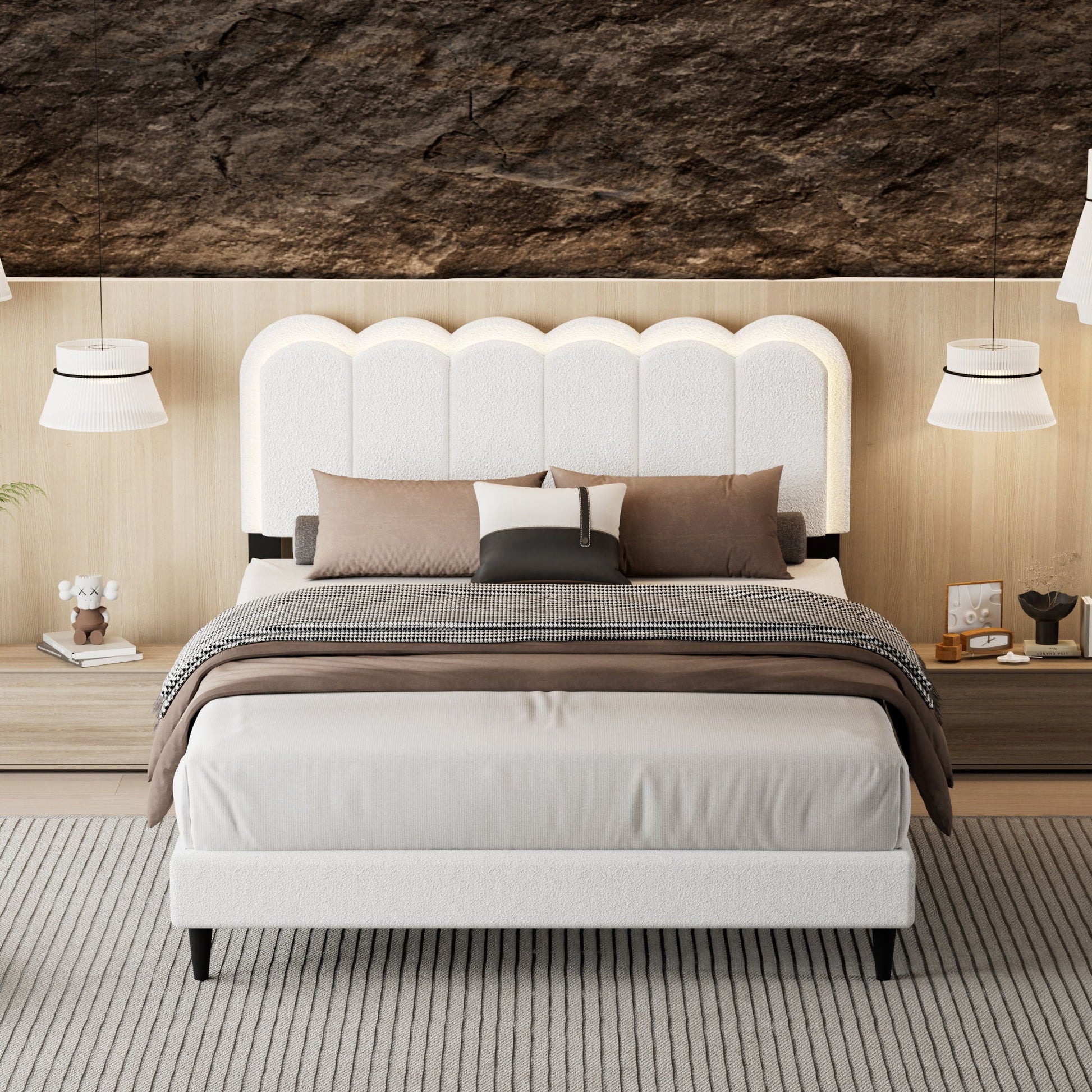 Lambswool Petal Headboard Bed Frame, white upholstered bed with scalloped petal headboard by HouseOfZazla on Tampa Home & Garden Store