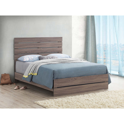 Geary Panel Bed by HouseOfZazla, walnut slatted headboard with low platform base, blue bedding on Tampa Home & Garden Store