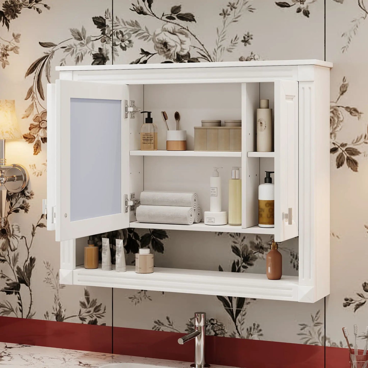 Wall Mounted Cabinet with Mirror and Open Shelf
