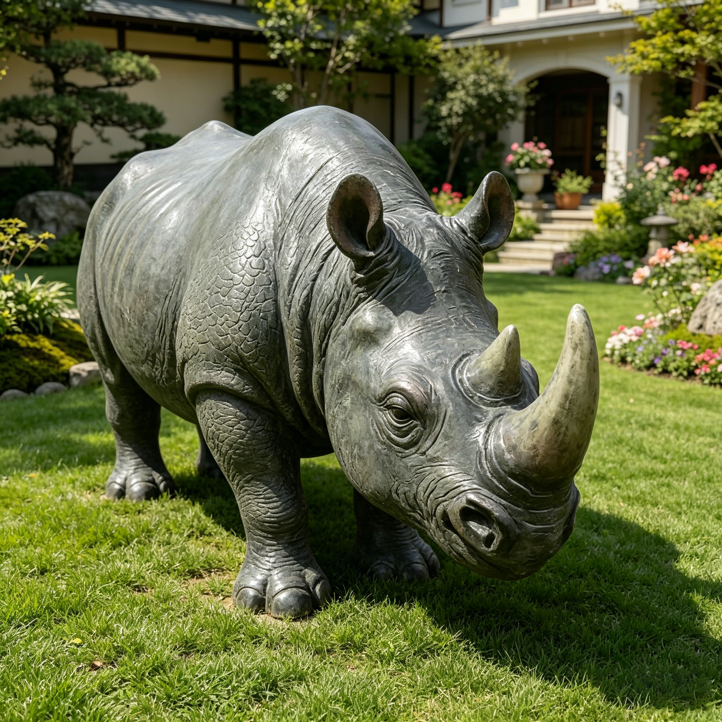 27.5-inch realistic rhinoceros garden statue in gray stone finish in a lush garden on Tampa Home & Garden Store