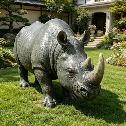 27.5-inch realistic rhinoceros garden statue in gray stone finish in a lush garden on Tampa Home & Garden Store