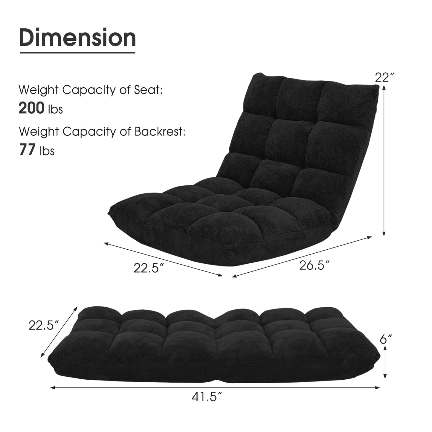 Sillón plegable de suelo reclinable de 14 posiciones para videojuegos – Negro