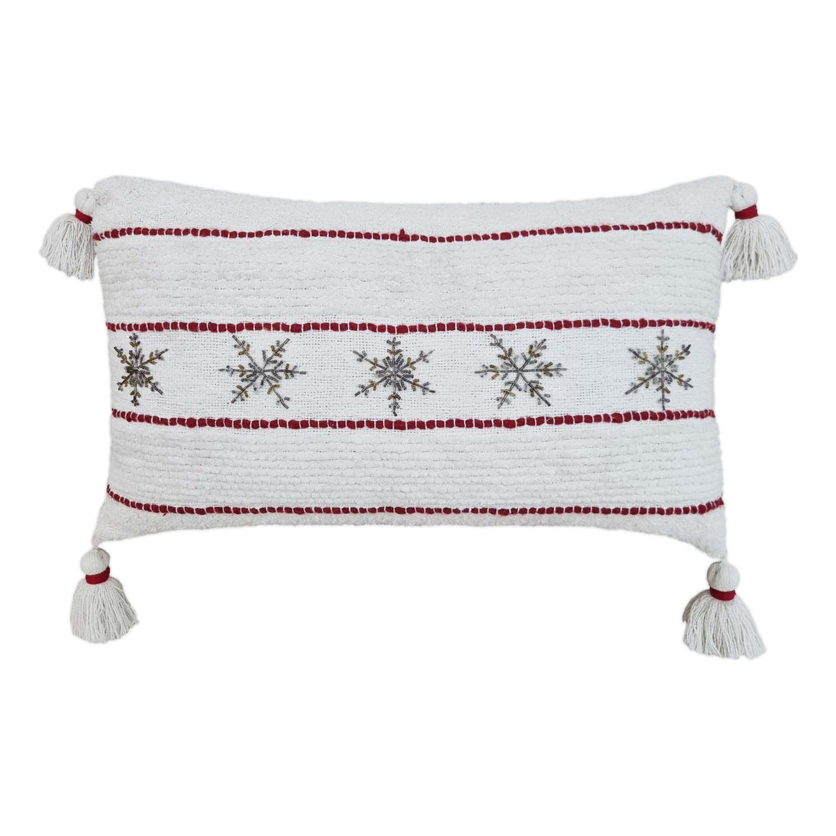Vibhsa Christmas throw pillow white with red stripes and snowflake embroidery tassel corners on Tampa Home & Garden Store