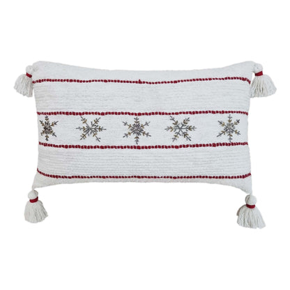 Vibhsa Christmas throw pillow white with red stripes and snowflake embroidery tassel corners on Tampa Home & Garden Store