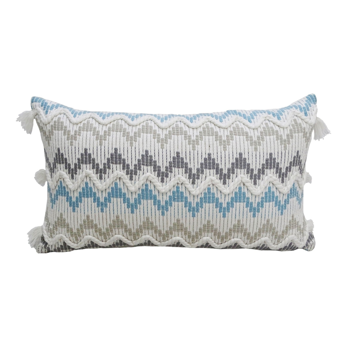 Throw Pillow Chevron pattern in blue gray with braided white tassel trim 14x24 by Vibhsa on Tampa Home & Garden Store