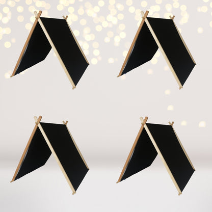 Kids A-Frame Sleepover Tents with Lights 4-pack: four black canvas tents on wood frames on Tampa Home & Garden Store