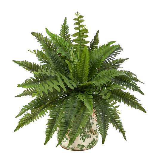 15” Boston Fern Artificial Plant with Tuscan Ceramic Green Scroll Planter - Tampa Home & Garden Store