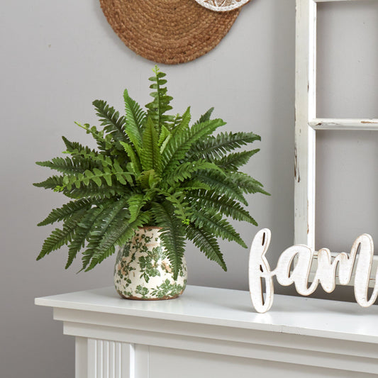 15” Boston Fern Artificial Plant with Tuscan Ceramic Green Scroll Planter - Tampa Home & Garden Store