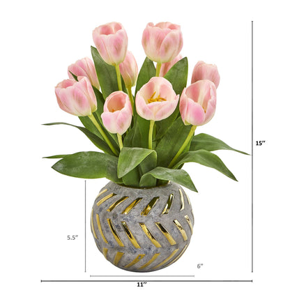 15” Tulip Artificial Arrangement in Decorative Vase - Tampa Home & Garden Store