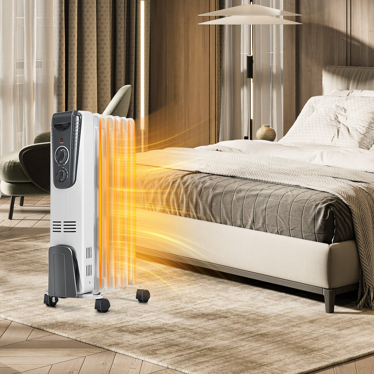 DirectDeals 1500W space heater with adjustable thermostat, orange heat by bed in bedroom on Tampa Home & Garden Store
