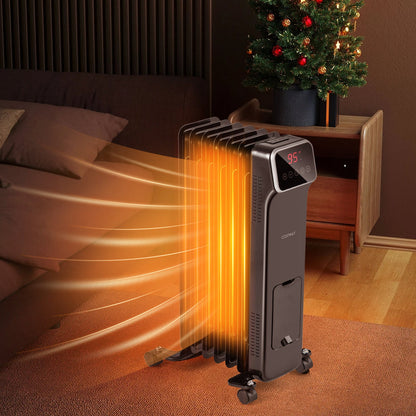 Costway 1500W oil-filled radiator heater with remote, 3 modes and 24h timer, glowing by sofa on Tampa Home & Garden Store