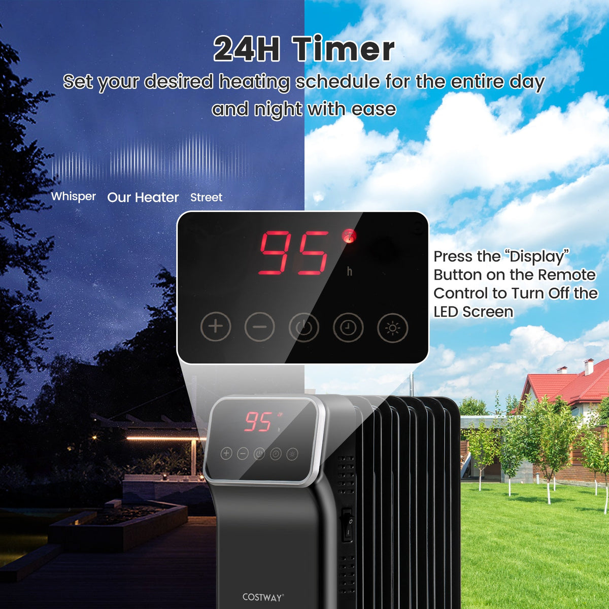 Oil-filled radiator heater 1500W with remote, digital display, 3 modes, 24H timer COSTWAY on Tampa Home & Garden Store