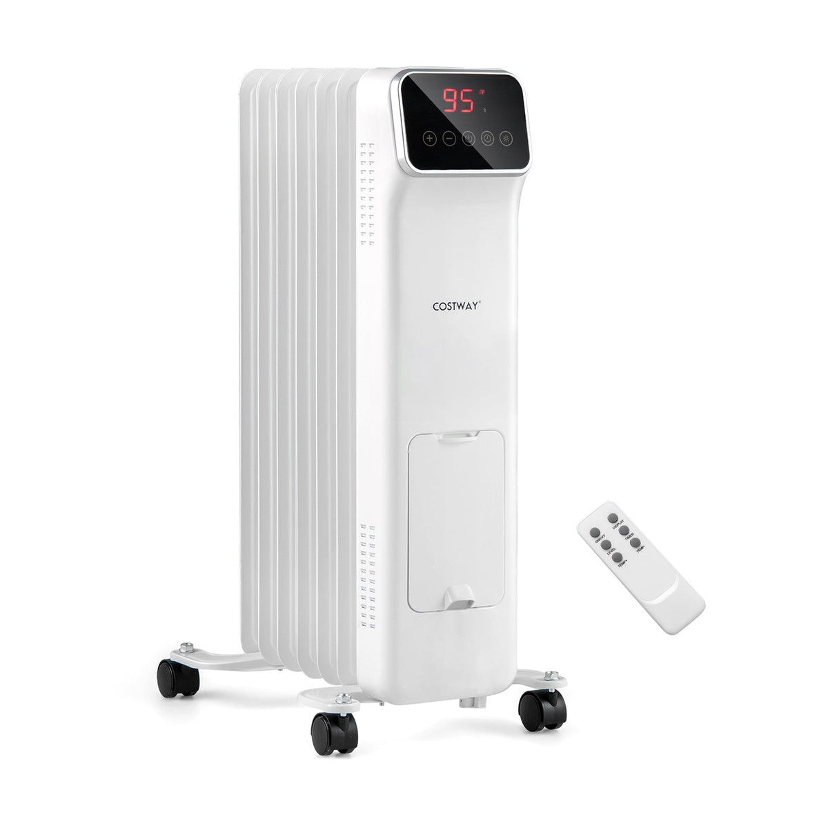 Oil filled radiator heater 1500W with remote, white Costway branding, 4 wheels on Tampa Home & Garden Store